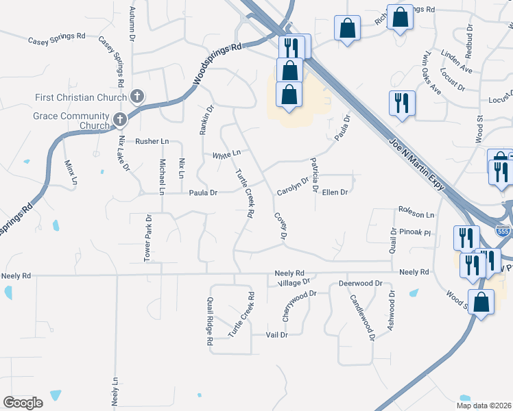map of restaurants, bars, coffee shops, grocery stores, and more near 2804 Turtle Creek Road in Jonesboro