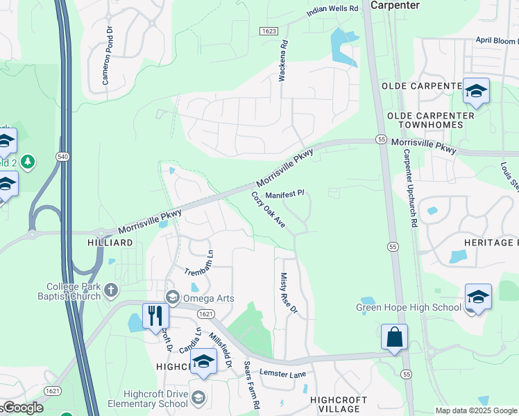 map of restaurants, bars, coffee shops, grocery stores, and more near 1357 Cozy Oak Avenue in Cary