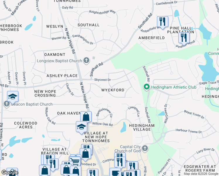map of restaurants, bars, coffee shops, grocery stores, and more near 4609 Dresden Village Drive in Raleigh