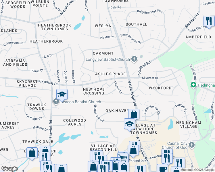map of restaurants, bars, coffee shops, grocery stores, and more near 4207 Standing Rock Way in Raleigh