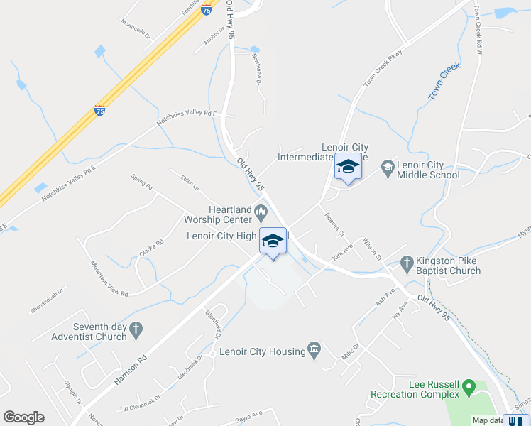 map of restaurants, bars, coffee shops, grocery stores, and more near 1565 Old Highway 95 in Lenoir City