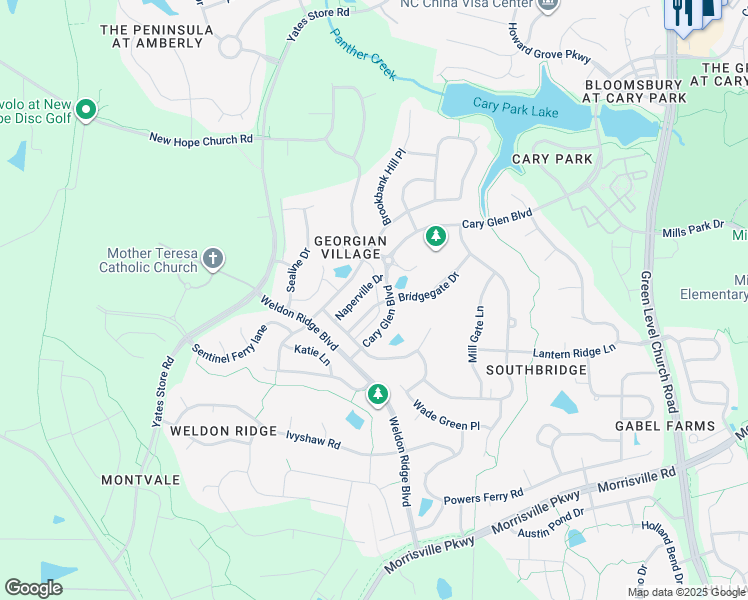 map of restaurants, bars, coffee shops, grocery stores, and more near 121 Bridgegate Drive in Cary