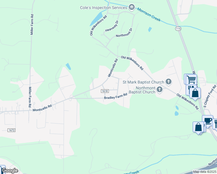 map of restaurants, bars, coffee shops, grocery stores, and more near 116 Bancroft Lane in Statesville