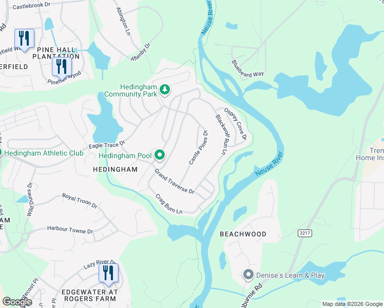 map of restaurants, bars, coffee shops, grocery stores, and more near 5309 Sahalee Way in Raleigh
