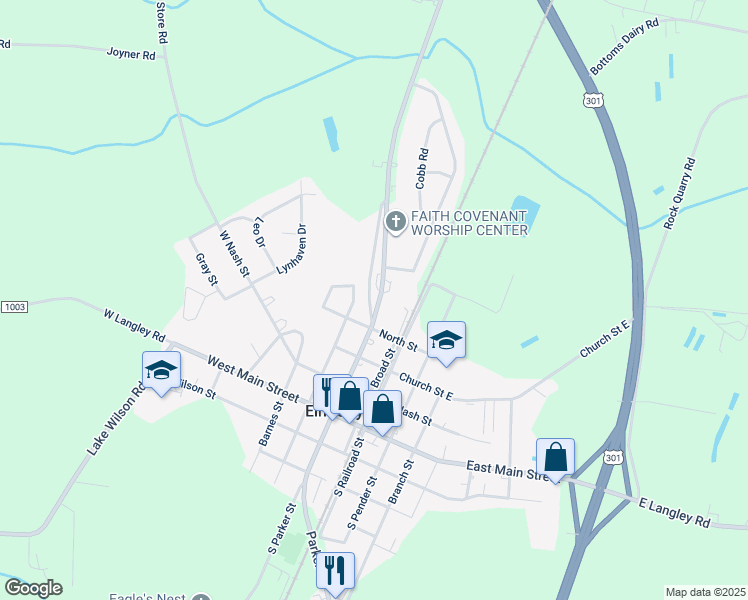 map of restaurants, bars, coffee shops, grocery stores, and more near 411 North Parker Street in Elm City