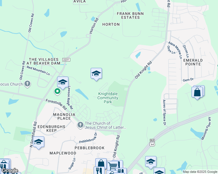 map of restaurants, bars, coffee shops, grocery stores, and more near Bryan Chalk Lane in Knightdale