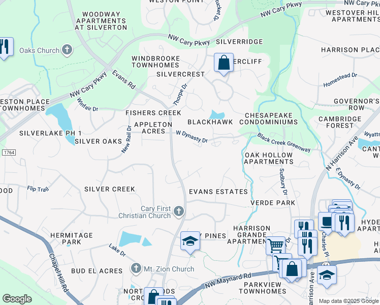 map of restaurants, bars, coffee shops, grocery stores, and more near 905 West Dynasty Drive in Cary