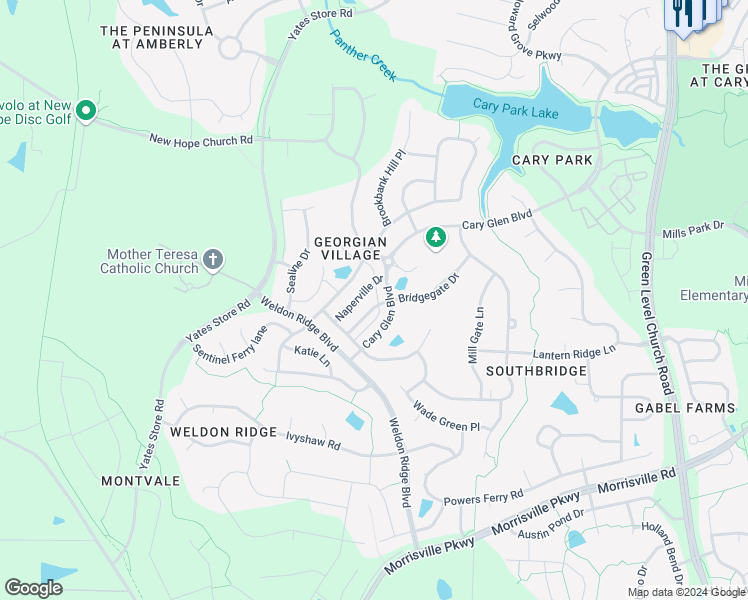 map of restaurants, bars, coffee shops, grocery stores, and more near 121 Bridgegate Drive in Cary