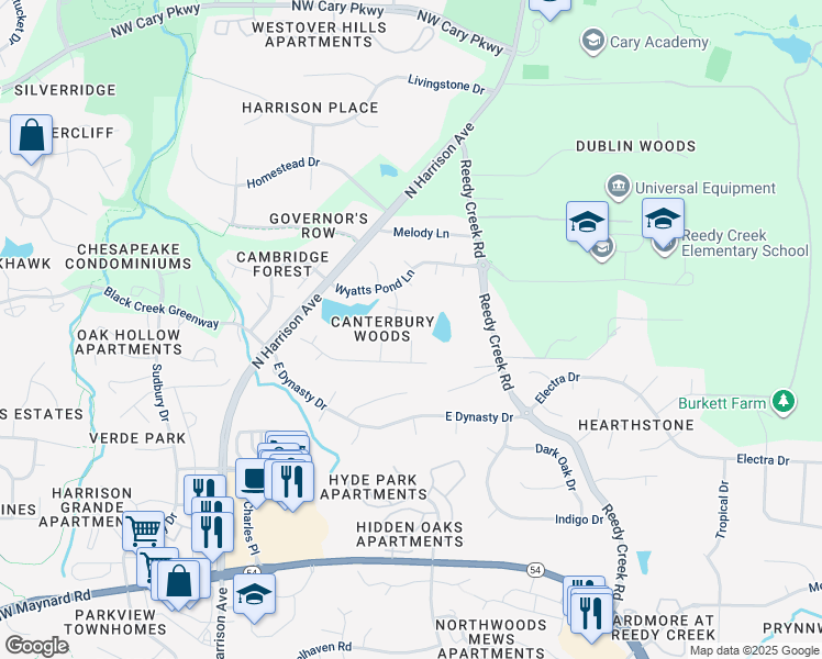 map of restaurants, bars, coffee shops, grocery stores, and more near 108 Haversham Court in Cary