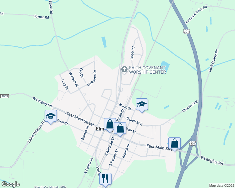 map of restaurants, bars, coffee shops, grocery stores, and more near 411 North Parker Street in Elm City