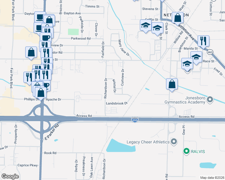map of restaurants, bars, coffee shops, grocery stores, and more near 2718 Kristal Drive in Jonesboro