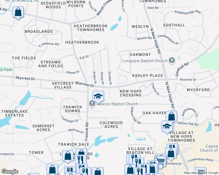 map of restaurants, bars, coffee shops, grocery stores, and more near Skycrest Drive in Raleigh