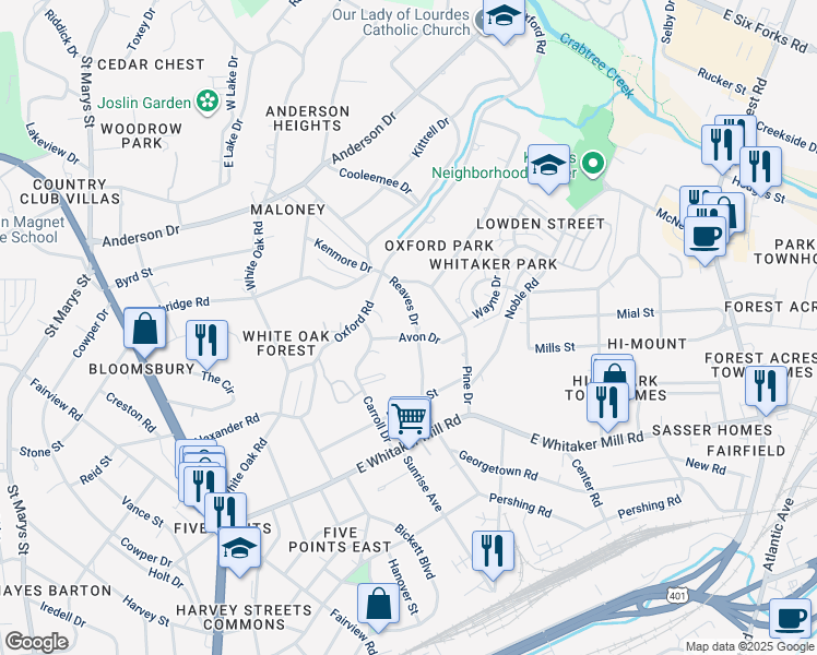 map of restaurants, bars, coffee shops, grocery stores, and more near 2103 Reaves Drive in Raleigh