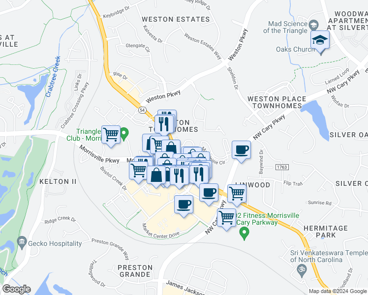 map of restaurants, bars, coffee shops, grocery stores, and more near 1103 Cameron Chase Drive in Morrisville