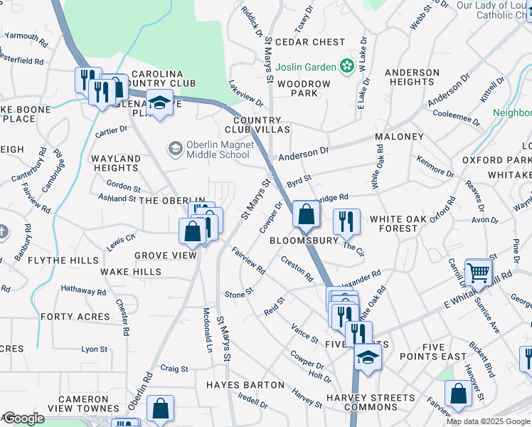 map of restaurants, bars, coffee shops, grocery stores, and more near 2127 Cowper Drive in Raleigh