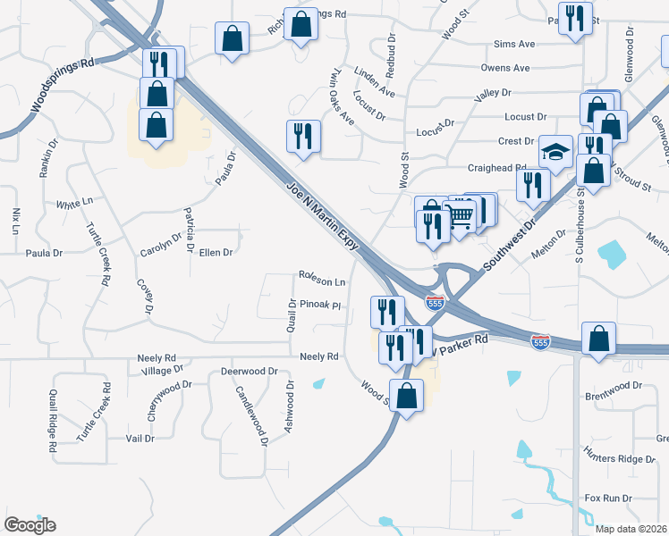 map of restaurants, bars, coffee shops, grocery stores, and more near 1606 Roleson Lane in Jonesboro