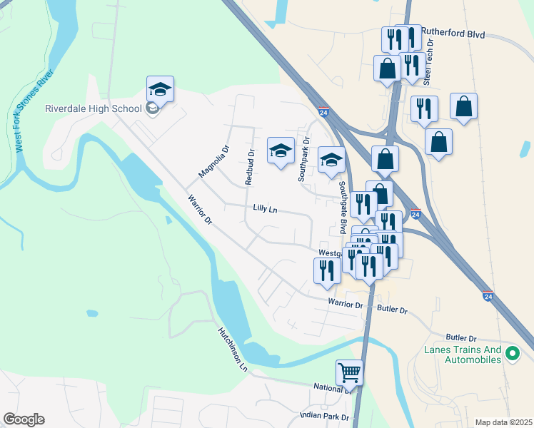 map of restaurants, bars, coffee shops, grocery stores, and more near 441 Lilly Lane in Murfreesboro
