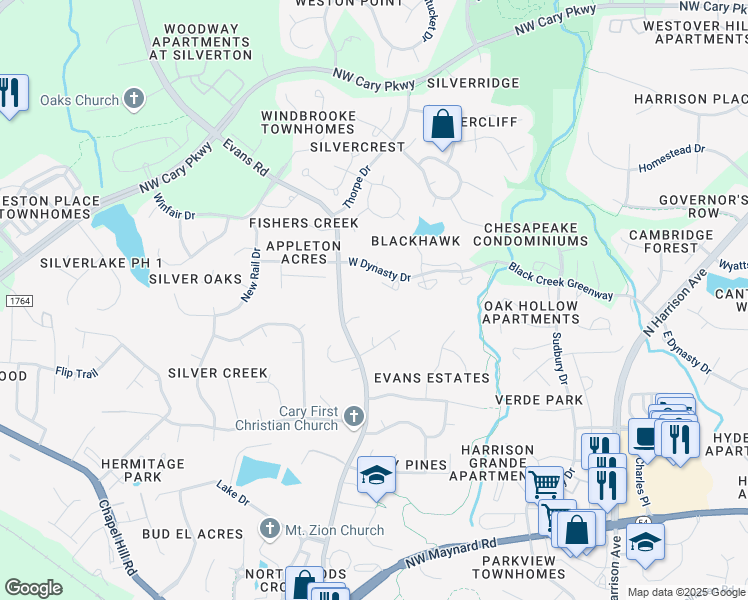 map of restaurants, bars, coffee shops, grocery stores, and more near 115 Abingdon Court in Cary