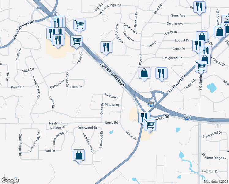 map of restaurants, bars, coffee shops, grocery stores, and more near 1606 Roleson Lane in Jonesboro