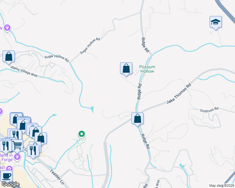 map of restaurants, bars, coffee shops, grocery stores, and more near 2044 Ridge Road in Pigeon Forge