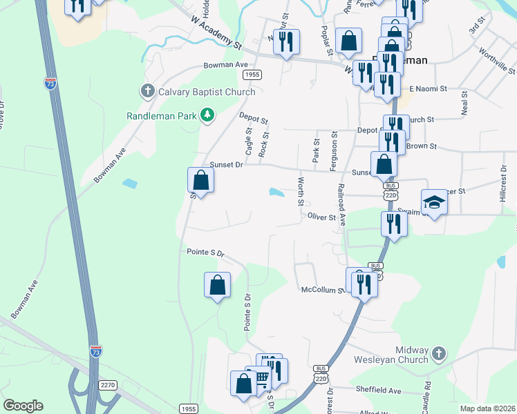 map of restaurants, bars, coffee shops, grocery stores, and more near 502 Booker T Womble Road in Randleman