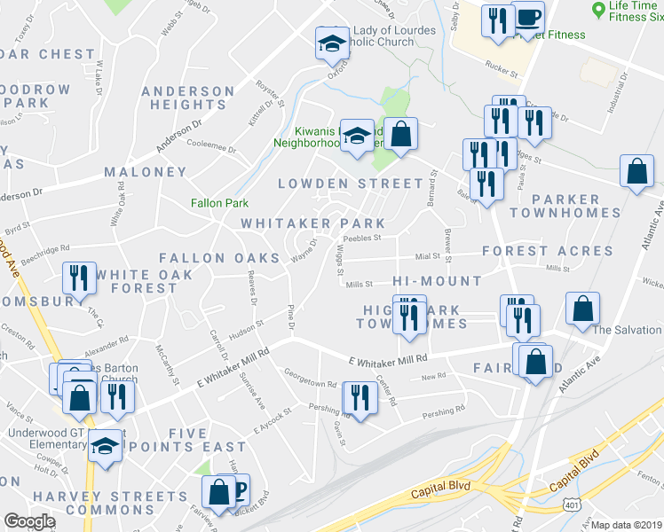 map of restaurants, bars, coffee shops, grocery stores, and more near 2100 Noble Road in Raleigh