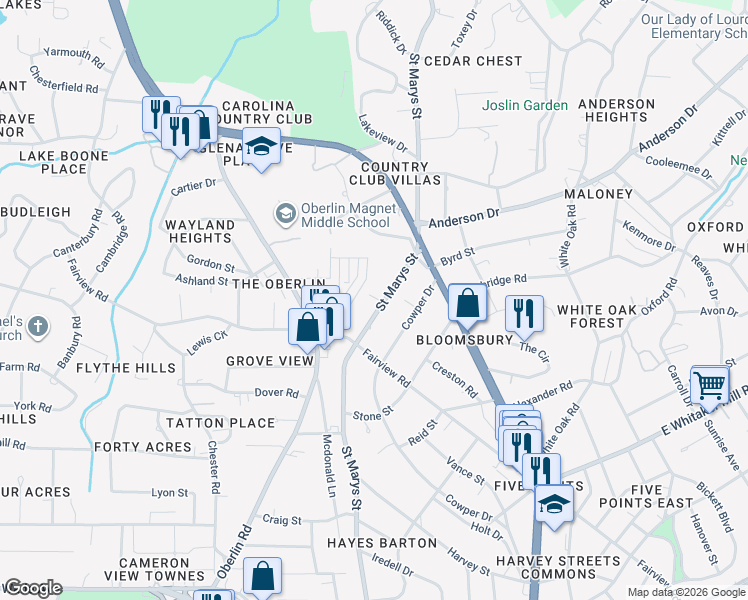 map of restaurants, bars, coffee shops, grocery stores, and more near 2205 Saint Marys Street in Raleigh