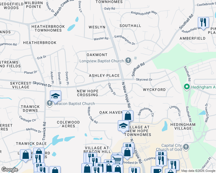 map of restaurants, bars, coffee shops, grocery stores, and more near 4207 Standing Rock Way in Raleigh