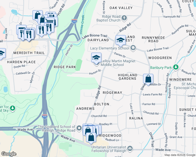 map of restaurants, bars, coffee shops, grocery stores, and more near 3309 Horton Street in Raleigh