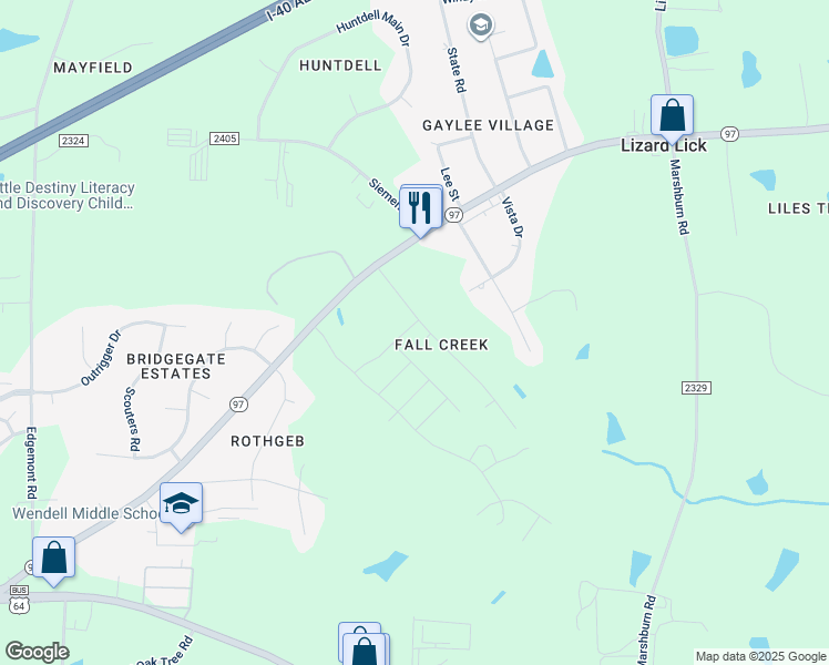 map of restaurants, bars, coffee shops, grocery stores, and more near 1429 Raybon Drive in Wendell