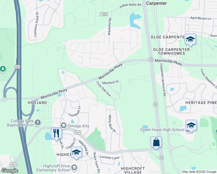 map of restaurants, bars, coffee shops, grocery stores, and more near 3532 Manifest Place in Cary