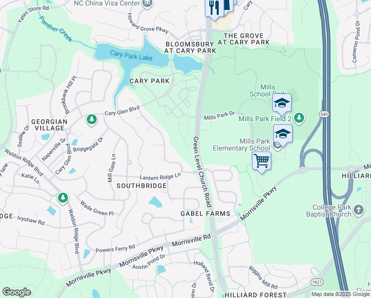 map of restaurants, bars, coffee shops, grocery stores, and more near 343 Castle Rock Lane in Cary