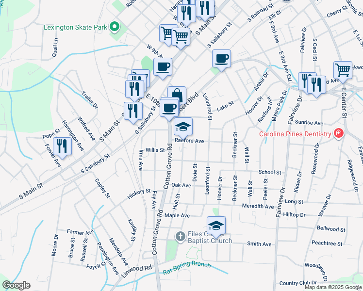map of restaurants, bars, coffee shops, grocery stores, and more near 901 Raeford Avenue in Lexington