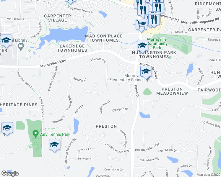 map of restaurants, bars, coffee shops, grocery stores, and more near 103 Beraneak Lane in Cary