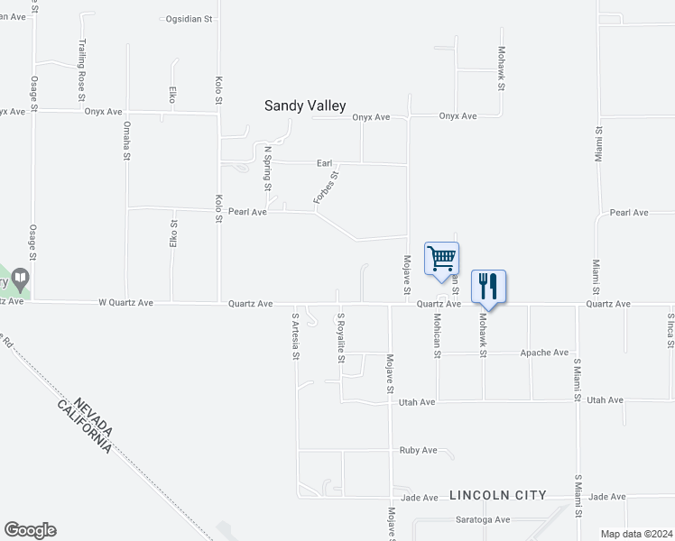map of restaurants, bars, coffee shops, grocery stores, and more near East Quartz Avenue in Sandy Valley