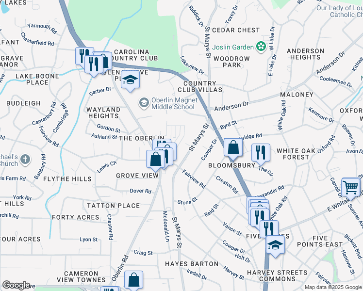map of restaurants, bars, coffee shops, grocery stores, and more near 2622 Marchmont Street in Raleigh