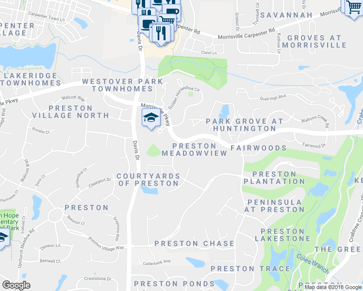map of restaurants, bars, coffee shops, grocery stores, and more near 230 Sarazen Meadow Way in Morrisville