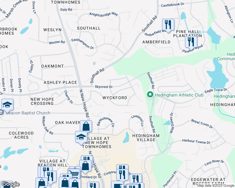 map of restaurants, bars, coffee shops, grocery stores, and more near 4609 Dresden Village Drive in Raleigh