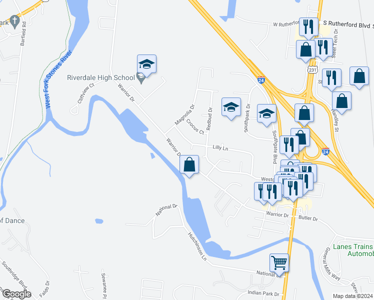 map of restaurants, bars, coffee shops, grocery stores, and more near 1810 Daisy Court in Murfreesboro