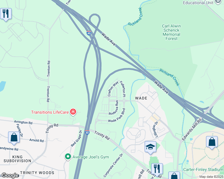 map of restaurants, bars, coffee shops, grocery stores, and more near 1548 Crafton Way in Raleigh