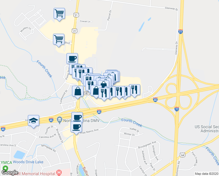 map of restaurants, bars, coffee shops, grocery stores, and more near 1074 Crossroads Drive in Statesville