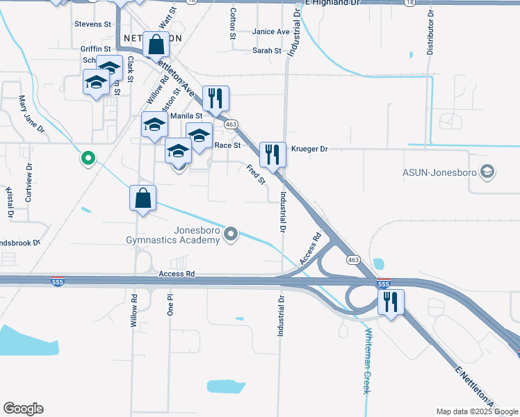 map of restaurants, bars, coffee shops, grocery stores, and more near 4409 Oliver Street in Jonesboro