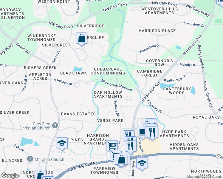 map of restaurants, bars, coffee shops, grocery stores, and more near 100 White Bluff Lane in Cary