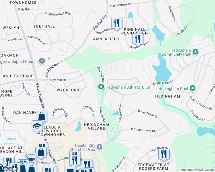 map of restaurants, bars, coffee shops, grocery stores, and more near 4712 Forest Highland Drive in Raleigh