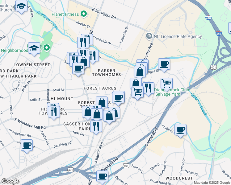map of restaurants, bars, coffee shops, grocery stores, and more near 1016 Mills Street in Raleigh