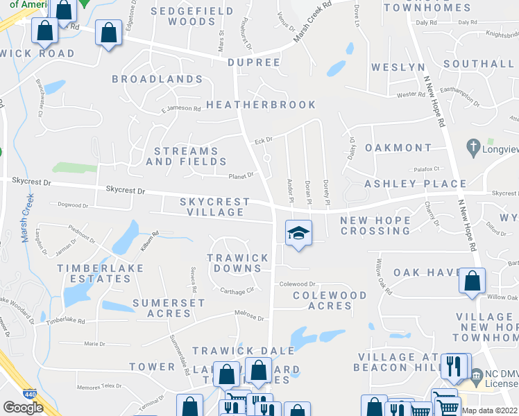 map of restaurants, bars, coffee shops, grocery stores, and more near 3520 Skycrest Drive in Raleigh