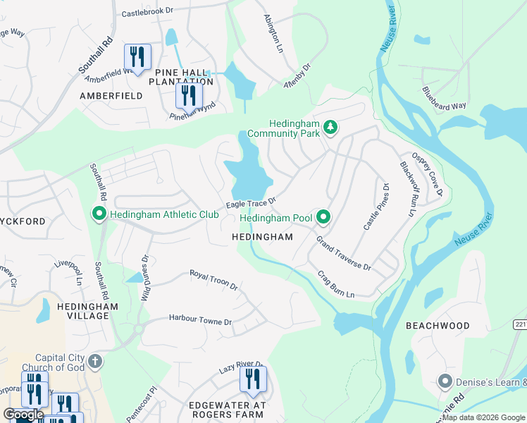 map of restaurants, bars, coffee shops, grocery stores, and more near 5180 Eagle Trace Drive in Raleigh