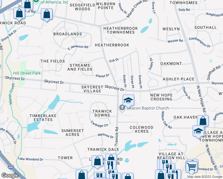 map of restaurants, bars, coffee shops, grocery stores, and more near 3520 Skycrest Drive in Raleigh