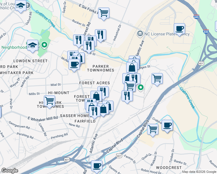 map of restaurants, bars, coffee shops, grocery stores, and more near 1016 Mills Street in Raleigh