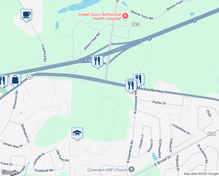 map of restaurants, bars, coffee shops, grocery stores, and more near 2806 Peachtree Road in Statesville